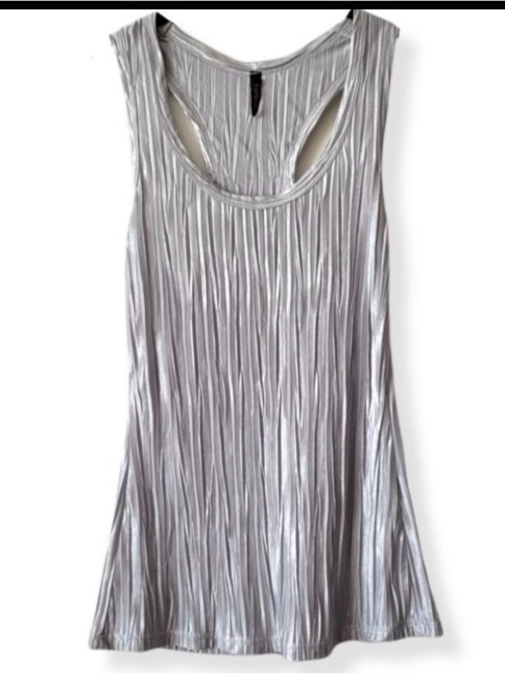Metallic Silver Pleated Tank Top M Vintage Racerback Loose Glam Barbie Career